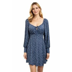 Lily Rose Dress Blue White Floral Mini Keyhole Tie Ruched Bodycon Long Sleeves